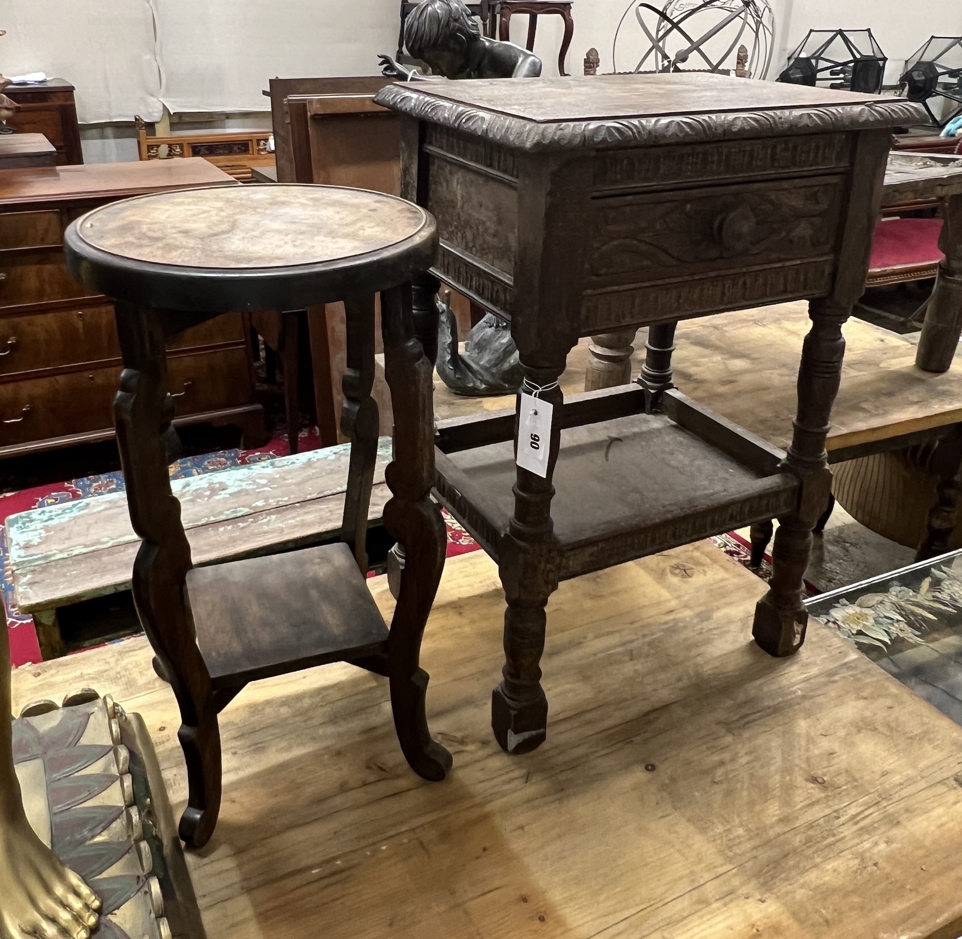 A 17th century style oak two tier occasional table together with a circular occasional table, larger width 43cm, height 63cm